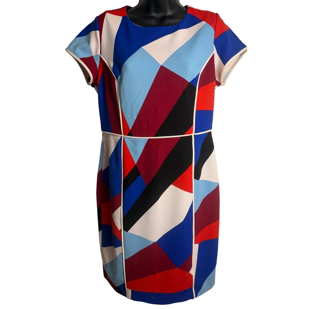 Vince Camuto Sheath Dress Size 8 Color block Geometric Short Sleeve Stretch EUC
